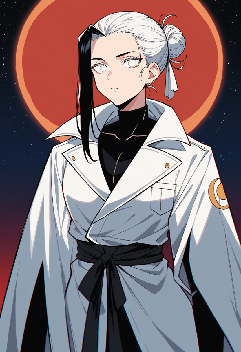 (art), (best quality), ultra high resolution, professional art, ultra detailed, complex, detailed face, perfect lighting, white, 1 girl, white hair, (white eyes), akatsuki outfit, ninja, white cape, white coat, turtleneck, collarbone, head, night, night sky, crescent moon, red moon, outdoors, (cowboy shot, distant shot), part of hair bun, black hair, long hair,2d style render, no background, line art for coloring, drawings for kids, cool coloring pages, coloring book art, coloring book page style vector lines, 8k