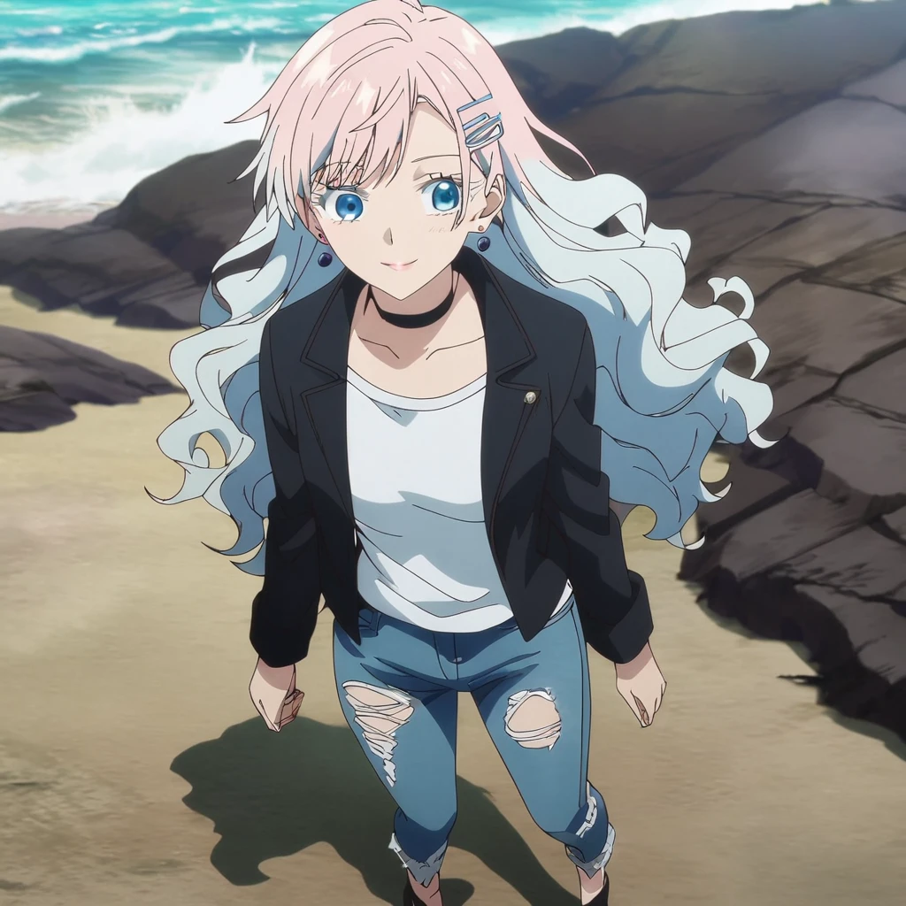 1girl, female gojo satoru, anime screencap from jujutsu kaisen, gojo satoru female version, solo, long_hair, blue eyes, ((white eyelashes)), ((white_hair, wavy hair)), beach view, ocean in background, breasts, upper_body, smile, swept bangs, blue_eyes, lips, (swept bangs, wavy hair) ((hairclip, earrings, black choker, collarbone, white shirt, black jacket, open clothes, torn pants, jeans,)) "very detailed and high resolution" (blue eyes) ((long hair)) ((solo)) ((high resolution)) ((full body)) ((Good quality)) ((high-resolution)) ((best quality)) ((animw screen cap))
