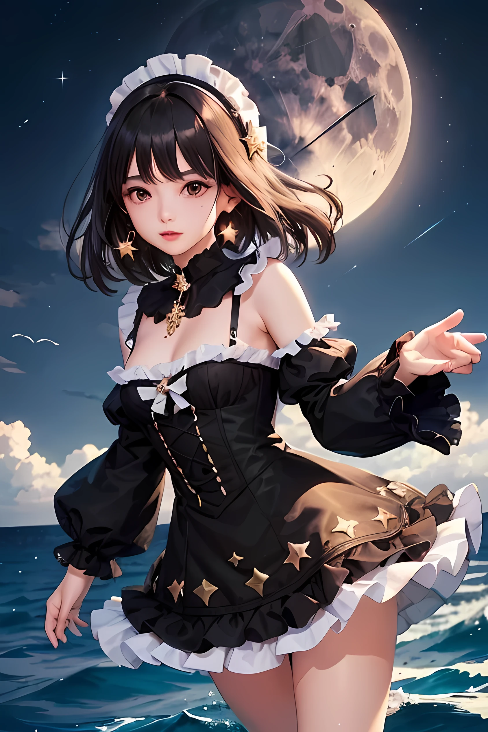 (Highest quality、Highest quality、Masterpiece、Very delicate、Very detailed、Exquisite、16K、Full HD)、1 female、(Black and pink shiny gothic ta mini skirt dress、Décolleté dress、Golden embroidery、Silver embroidery、Frill mini skirt dress、Skirt in the wind、White frills、garter belt)、Perfect body line、Glowing Skin、(Groomed eyebrows、Pink Lips、Brown eyeysterious Face、Mole under left eye)、(Black Hair、Medium Hair、Shoulder-length hair、Shiny Hair)、Dramatic lighting、(star、moon、water、star空、Ocean)