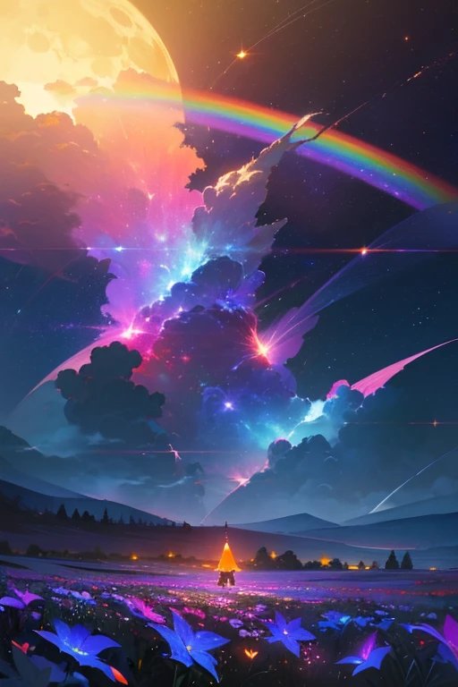 Vast landscape photography, (View from below。The sky and wilderness below。), Standing in a flower garden and looking up, (full moon: 1.2), (shooting star: 0.9), (nebula: 1.3), Distant Mountain, Treebreak Production Art, (Warm light source: 1.2), (fire Fly: 1.2), lamp, Purple and Orange, Exquisite detail, Volumetric lighting, Realism BREAK (masterpiece: 1.2) (Highest quality), 4K, Super detailed, (moving composition: 1.4), Extremely detailed and colorful, (Rainbow colors: 1.2), (Shining Lights, Atmospheric lighting), dream-like, Magic, (alone: 1.2)
