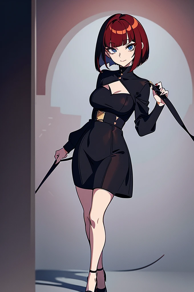 a beautiful girl with red hair wearing a black dress, detailed facial features, bob haircut, full body illustration, woman wearing a long black and red coat, solo character, white background, anime style, highly detailed, photorealistic, 8k, best quality, masterpiece, blue eyes, short hair