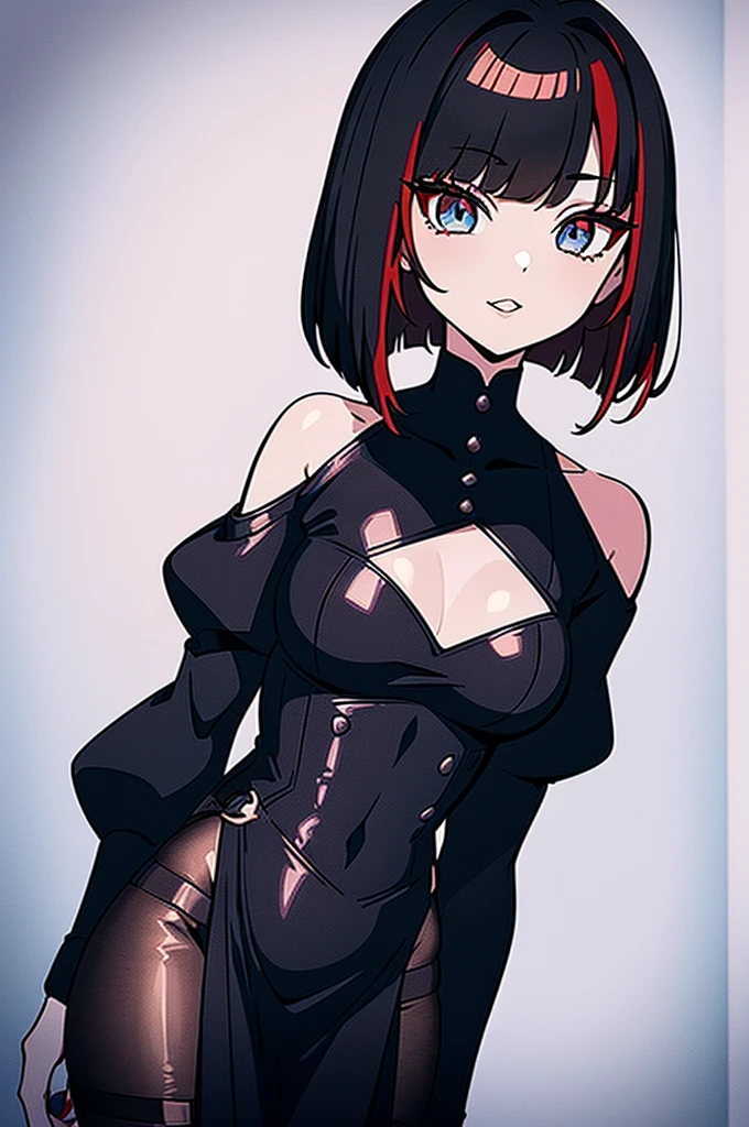 a beautiful girl with red hair wearing a black dress, detailed facial features, bob haircut, full body illustration, woman wearing a long black and red coat, solo character, white background, anime style, highly detailed, photorealistic, 8k, best quality, masterpiece, blue eyes, short hair