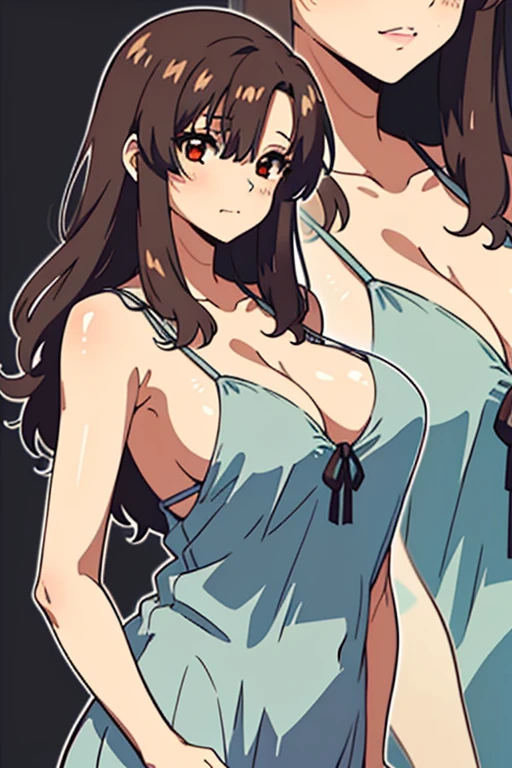 (beautiful detailed eyes:1.5, beautiful detailed face:1.2, beautiful detailed hair), Murrue Ramius, 1 woman, mature, milf, red eyes, blush, (nsfw, sexy, Curvy), (brown hair, long hair, bangs), (sagging large breasts), (negligee:1.5), (upper body:1.5), standing, (Perfect detailed Anatomy, beautiful detailed hair, perfect female body:1.2, shiny skin), (thick outline, Beautiful outlines, black outlines), simple background:1.5