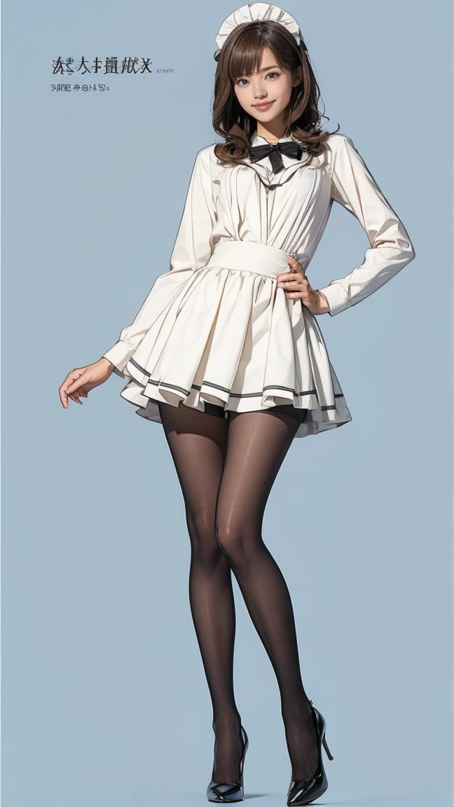 ((masterpiece)),(((Highest quality))),((Character design sheet)),Thin thighs,Long legs,Bunny girl in a light blue maid outfit:1.5，Wearing light blue tights:1.5，The best smile:1.5，Full Body Shot:1.5，Gray background:1.5，Wearing black high heels:1.5，short side waves:1.5，