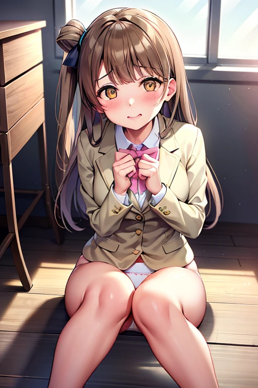 Minami Kotori、Minami Kotori、Brown Hair、(Degree of brown eyes:1.5)、One side up、ヘアribbon、ribbon、length、break the blazer、Blue Skirt、Jacket、Otonokizaka uniform、Pleated skirt、、Winter clothes、Looking for break viewer、Indoor break、classroom、break (masterpiece:1.2)、Highest quality、High resolution、Unity 8K Wall 、(Awareness-raising:0.8)、(Beautiful and beautiful eyes:1.6)、Highly detailed face、Perfect lighting、Detailed CG、 (Perfect hands、Perfect Anatomy)、Looking at the audience、blush、Laughter、(White panties:1.3)、(Full-fledged panties:1.5)、School, Sit with your knees bent、eight-headed body、Beautiful legs 、School内、As if looking up from below、(Knees to chest)、Holding in pee