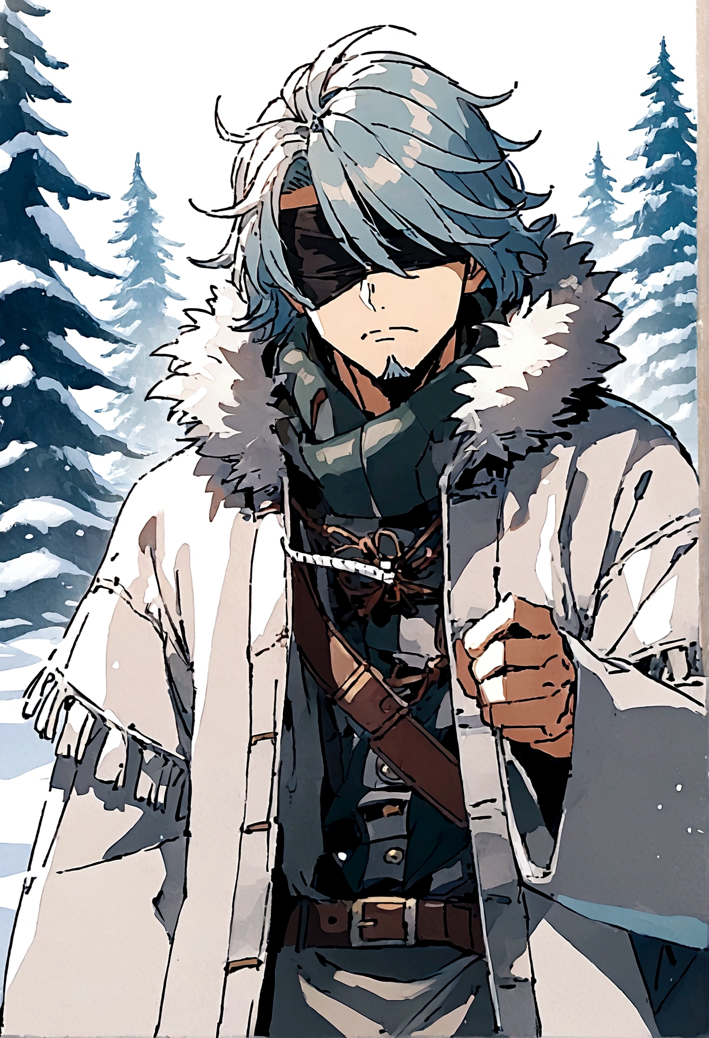 Anime man, beard, black blindfold, white messy hair, white samurai straw hat, white kimono, white long scarf, baggy thick sleeves, cool, best quality, serious face expression, winter