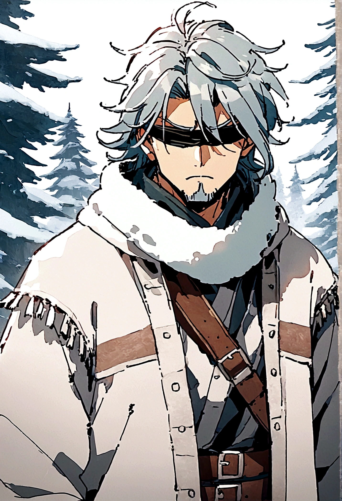 Anime man, beard, black blindfold, white messy hair, white samurai straw hat, white kimono, white long scarf, baggy thick sleeves, cool, best quality, serious face expression, winter