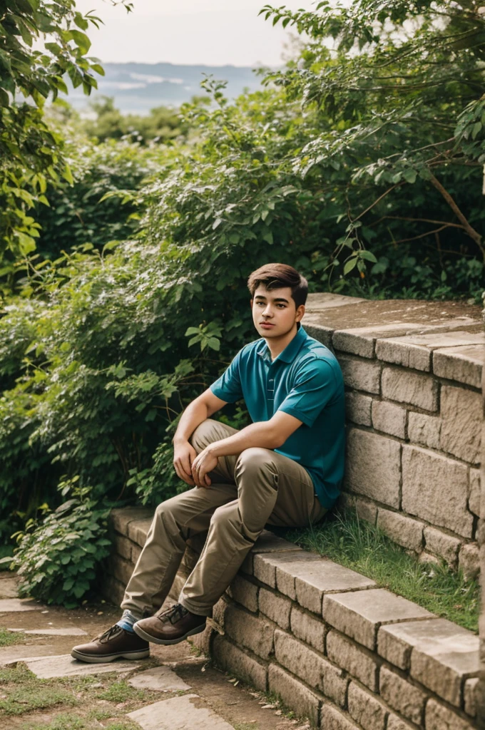 A 25 years old boy Sitting wall in Natural place