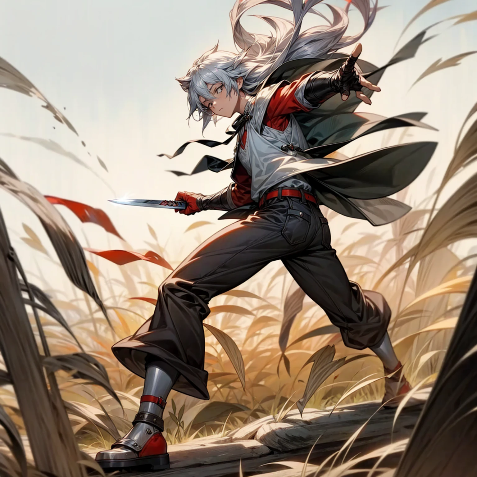 1boy, Full body version, 1character, black eyes color, milk skin, long hairstyle, monolod eyes type, silver colour hair, muscle, Farmer villager clothing style, red color clothing, black pants, white scraf, Ancient roman boots, vest armors, knife in two hand, Grassroots background in field villager, motion blur, battle gesture, lighting morning, sunlight, smoke, plasma, bloody background, fire, lighting knife 