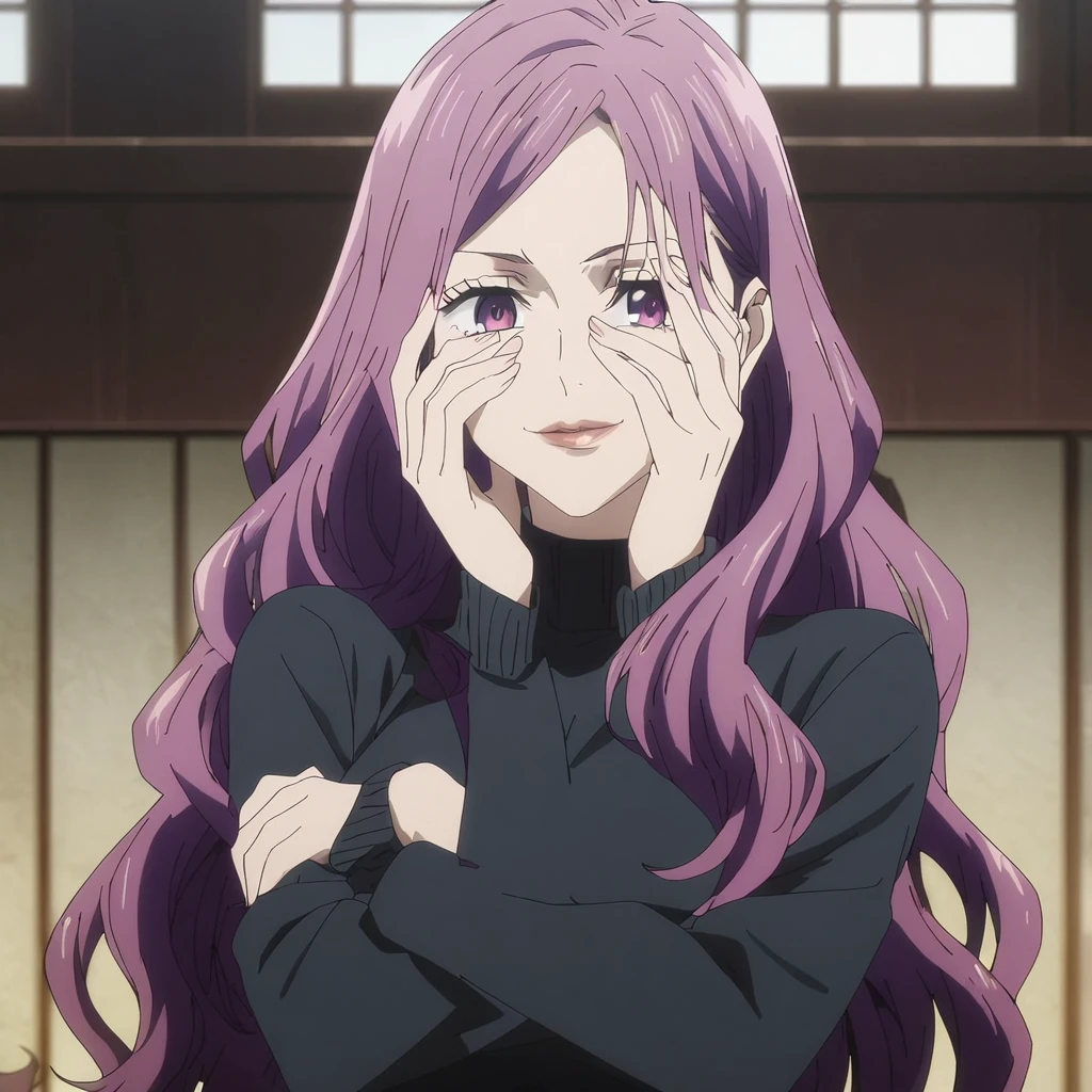 1girl, anime screencap from jujutsu kaisen, solo, very long_hair, ((smooth texture hair)) purple eyes, ((length_hair, purple_hair, very_length_hair,waby hair, purple_eye, hair covering her face)), breasts, upper_body, smile, indoors, book, red_eyes, lips, ((length_hair, purple_hair, very_length_hair,wavy hair, purple_eye, hair framing her face)) wearing black color sweater, breast, "very detailed and high resolution" (purple eyes) ((cross arms)) ((smooth texture hair)) ((solo)) ((high resolution)) (Good quality)