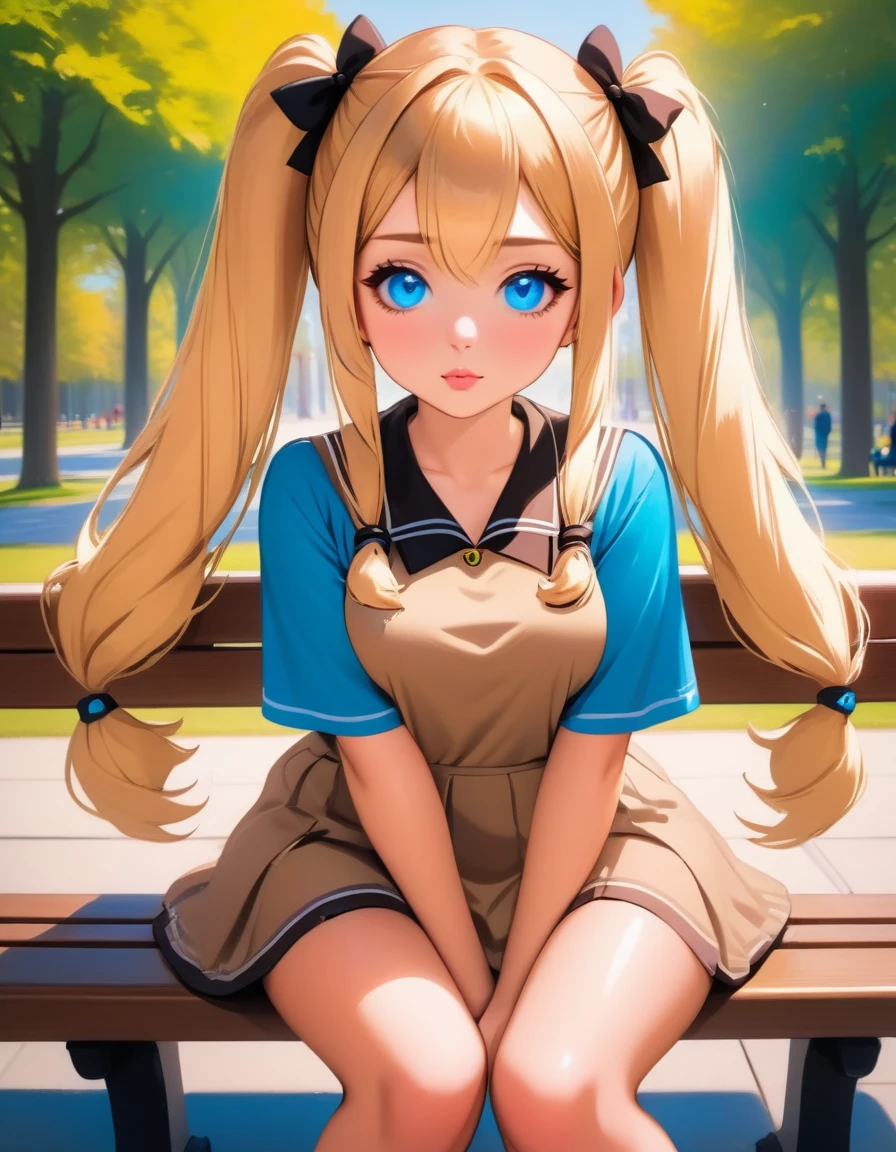 A photo of a very beautiful 25-year-old college woman with an angelic face and an extremely provocative body sitting on a bench on campus, blonde hair, blue eyes, (twin tails), a sexy mole on the left of her lips, hair long, legs crossed, pov, masterpiece, the best quality, vivid colors
