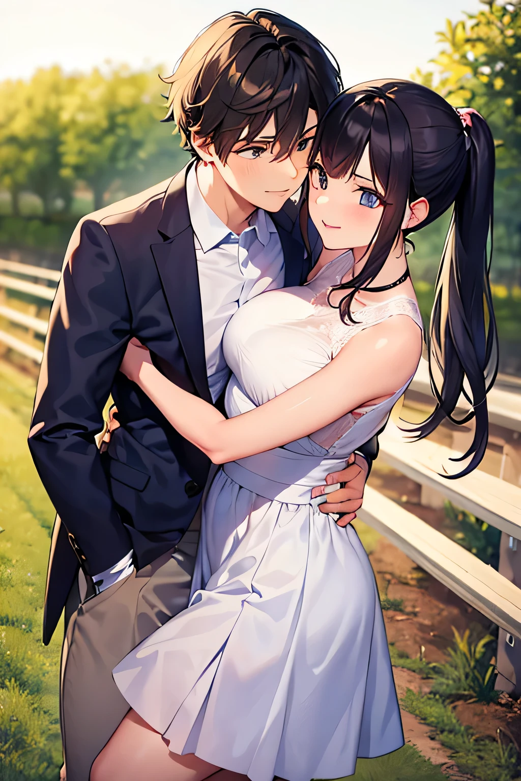 Young 20 year old businessman . hugging a girl on a farm