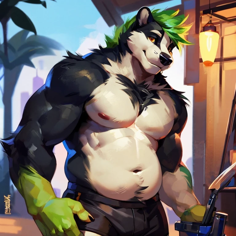 Medium muscular and chubby, badger, shirtless, in black shorts, Amber eyes, bluish-green mane, bluish-black fur, cream-white fur, By mystikfox61
