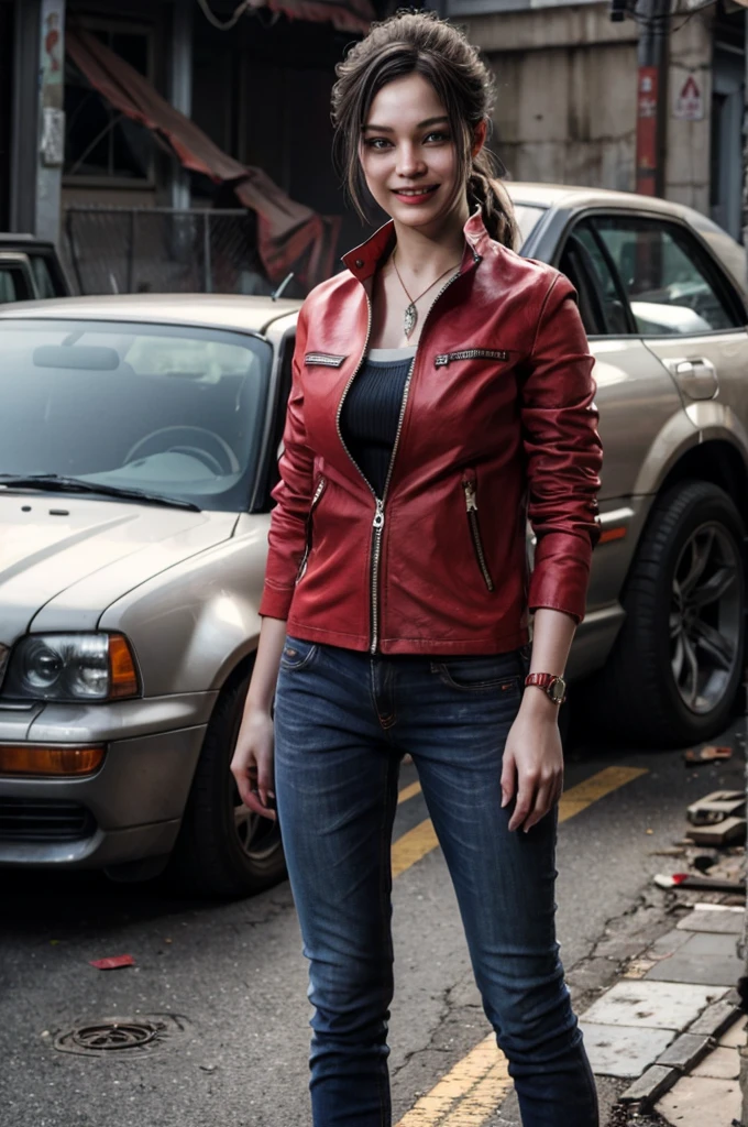 1girl, (realistic),(hyperrealism),(best quality),(masterpiece),(ultra high res),(photorealistic),idol,eye makeup,detailed eyes,detailed face,black dress, claireredfield2, brown hair, (red jacket:1.2), ponytail, (denim pants:1.3),, red wristband,, abandoned street, burning cars in background, littered street, smoke, chaos, zombie apocalypse, daytime, sunny,, hands in pocket, looking at viewer, smiling, closeup shot