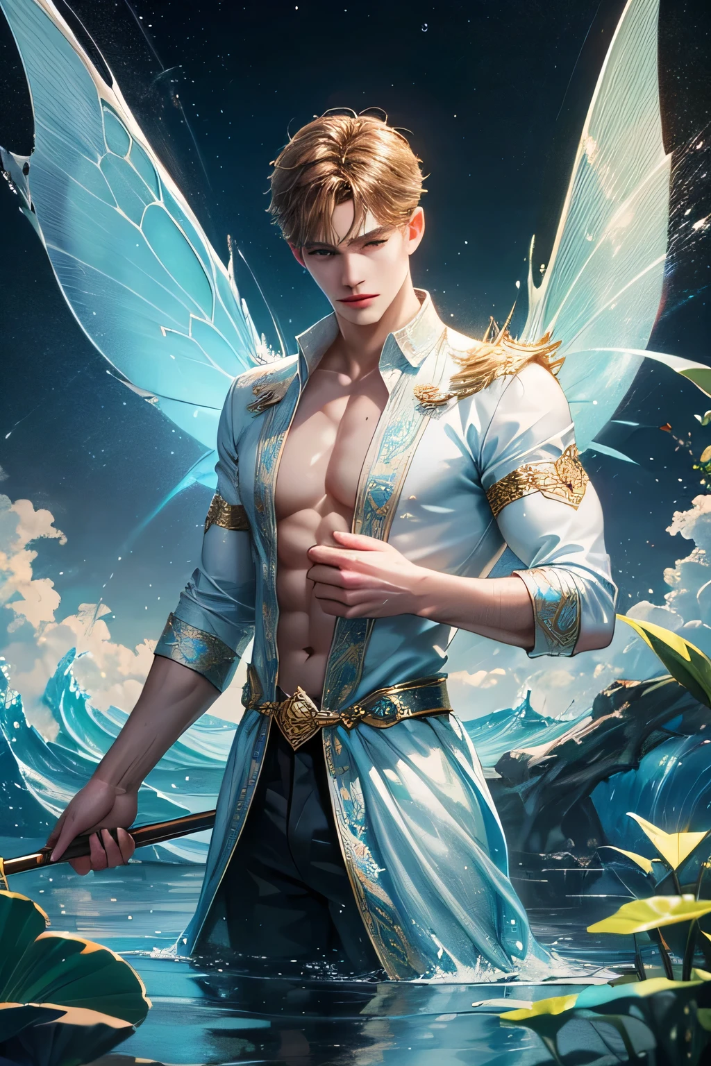 "Craft a captivating digital illustration featuring a handsome male fairy adorned with magnificent, iridescent wings reminiscent of glistening water droplets. Highlight his command over the element of water with cascading waves and gentle ripples flowing around him, evoking a sense of serene power. Incorporate a distinct water fairy symbol, holding an mystic ancient trident water staff, emblazoned upon him, symbolizing his connection to the watery depths and mastery over aquatic forces."