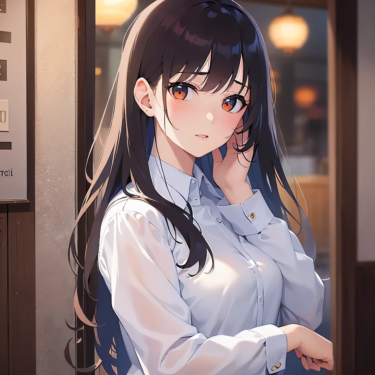 Detailed CG,Ultra-fine illustrations,masterpiece,Highest quality,BREAK(white collared shirt:1.5)BREAK,Realistic,real person,(pale skin: 1.2),RAW photo,photorealistic(Pale skin:1.2),shiny skin,shiny hair,(A 28-year-old woman with medium-length hair and bangs)and(wavy hair)and(brown hair)and(Orange Eyes:1.3),(embarrassed:1.3),(hand on own head:1.3),(Biologically correct５refer to),The background is the interior of an izakaya at night.,alone