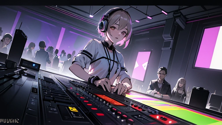 A female DJ with a sensitive, insightful, and dominant presence, wearing vibrant and quirky clothing, radiating an energetic and playful vibe, with creative and imaginative accessories, DJ headphones, and a mixing console in a music club, nightclub, or indie theater setting, with people dancing in the background, (best quality,4k,8k,highres,masterpiece:1.2),ultra-detailed,(realistic,photorealistic,photo-realistic:1.37),complex details,film lighting,RAW photo