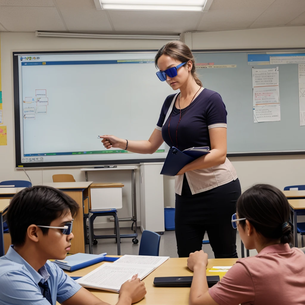 In a room a teacher teaching on a smart board ,the students see the teacher very serious ly and the teacher was also serious , the teacher wear a eye goggles and he like mad that controll there anger very hardly