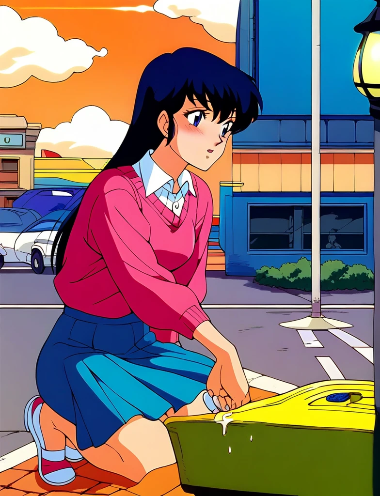 Kyoko,score_9,score_8_superior,score_7_superior,sauce_anime,One girl,alone,View your viewers,city,Streetscape of the 1980s,asphalt paved,paved,lamp post,force_line,Orange sky,evening,Pink Sweater,White collared shirt,length_skirt,blue skirt,kneel、Ecstatic expression、Semen was sprayed on my face、