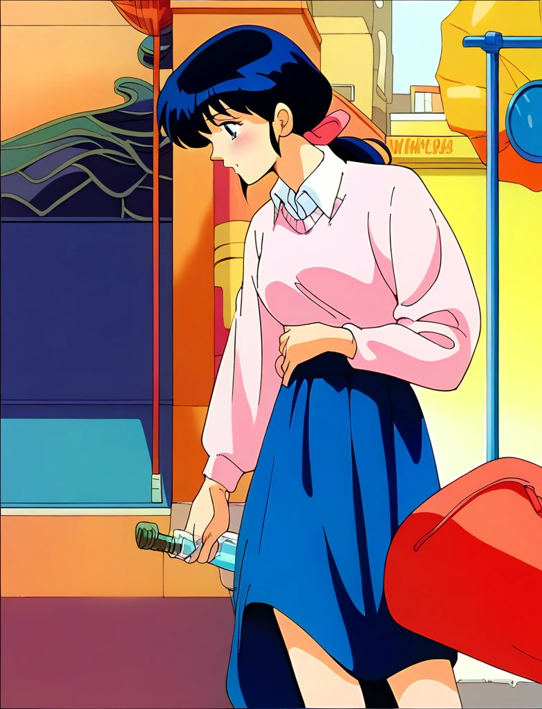 Kyoko,score_9,score_8_superior,score_7_superior,sauce_anime,One girl,alone,View your viewers,city,Streetscape of the 1980s,asphalt paved,paved,lamp post,force_line,Orange sky,evening,Pink Sweater,White collared shirt,length_skirt,blue skirt,kneel、Ecstatic expression、Semen was sprayed on my face、