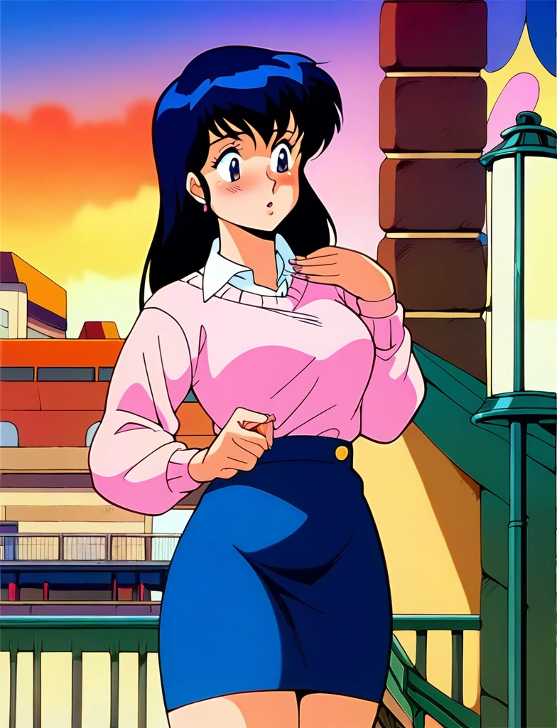 Kyoko,score_9,score_8_superior,score_7_superior,sauce_anime,One girl,alone,View your viewers,city,Streetscape of the 1980s,asphalt paved,paved,lamp post,force_line,Orange sky,evening,Pink Sweater,White collared shirt,length_skirt,blue skirt,kneel、Ecstatic expression、Semen was sprayed on my face、