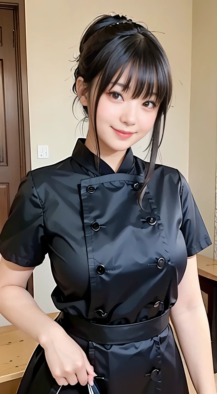 (Highest quality,masterpiece:1.3,Ultra-high resolution,),(Very detailed,Caustics),(Realistic:1.4,RAW shooting,)Ultra-Realistic Capture,Very detailed,High resolution 16k human skin closeup。 Natural skin texture、,pores、、、、It must be detailed enough to be easily identifiable。 Skin tone is even and healthy looking。 Use natural light and color,restaurant,Waitress Uniform,1 girl,Japanese,18-year-old,cute,Black-haired,ponytail,Big Breasts,smile,Turn your body forward,(Front view:1.1),Looking into the camera,Cowboy Shot,