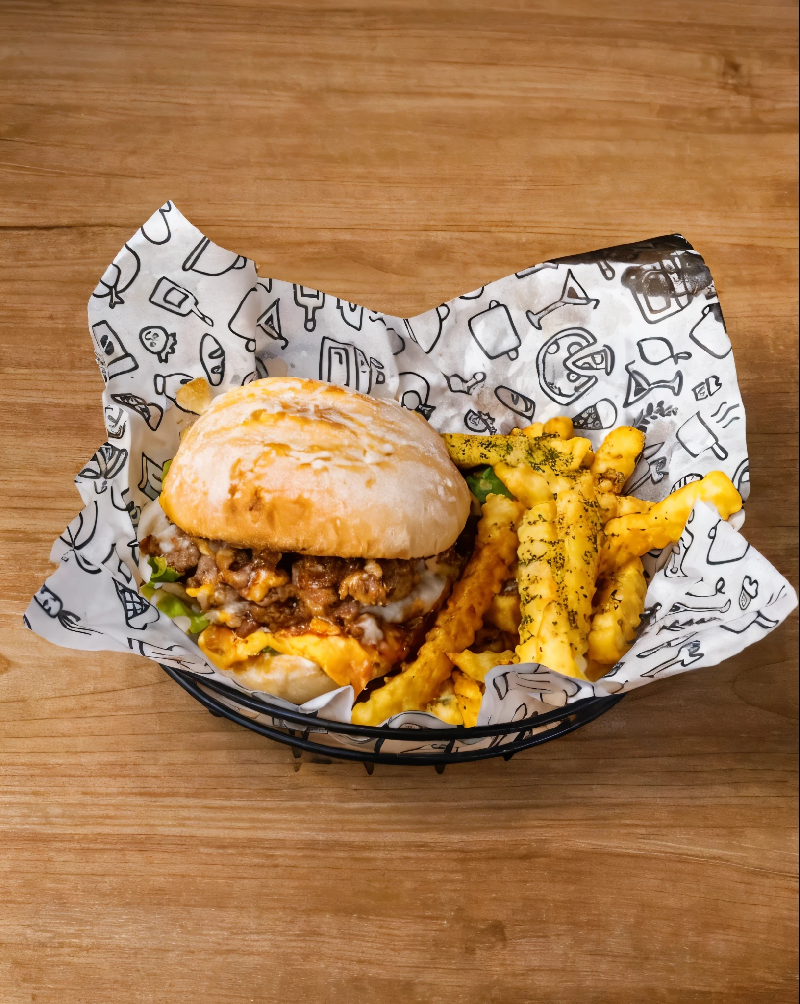 (very sharp result) (((textile shading))), (((Best Quality))), hyper realistic detailed food photography, (texture detailed exposed) ultra high definition (masterpiece 1.2) (food porn) a neat presentation of a tasty & delicious burger with french fries jagged form presented on a platter, cute food motif napkins as base, dramatic environtment, clean white table base & artsy cinematic shadow & light.