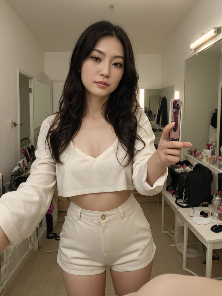 1girl, solo, photorealistic, realistic, middle age, a 30-year-old woman, ordinary mature woman, Japanese woman, Japanese woman, Japanese face, body of 30-year-old woman, (curly black hair), long hair, dark eyes, small nose, pointy jawline, deep cheekbones, shovel-shaped incisor teeth, pale-white skin, ((((selfie shot))), rich make-up room, clothed