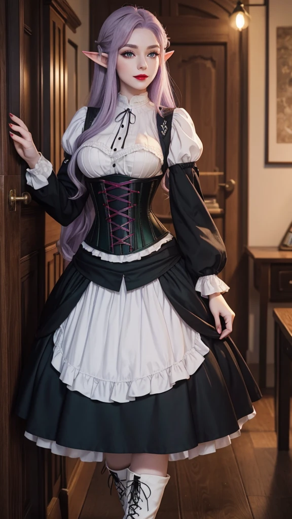 Irish woman, anime, modest, beautiful, high quality, night, 8k, long waist length light pale purple hair, green eyes, red lips, eyelashes, 1700 century black dress, corset, white blouse, boots, elf ears