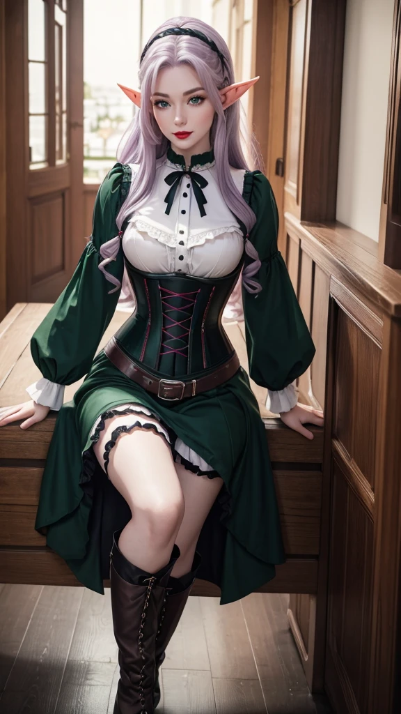 Irish woman, anime, modest, beautiful, high quality, night, 8k, long waist length light pale purple hair, green eyes, red lips, eyelashes, 1700 century black dress, corset, white blouse, boots, elf ears