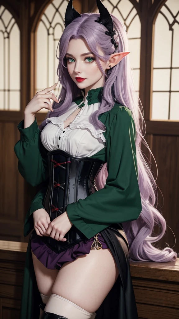 Irish woman, anime, modest, beautiful, high quality, night, 8k, long waist length light pale purple hair, green eyes, red lips, eyelashes, 1700 century black dress, corset, white blouse, boots, elf ears