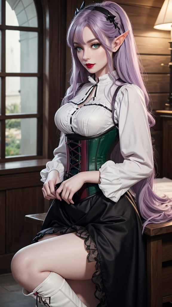 Irish woman, anime, modest, beautiful, high quality, night, 8k, long waist length light pale purple hair, green eyes, red lips, eyelashes, 1700 century black dress, corset, white blouse, boots, elf ears