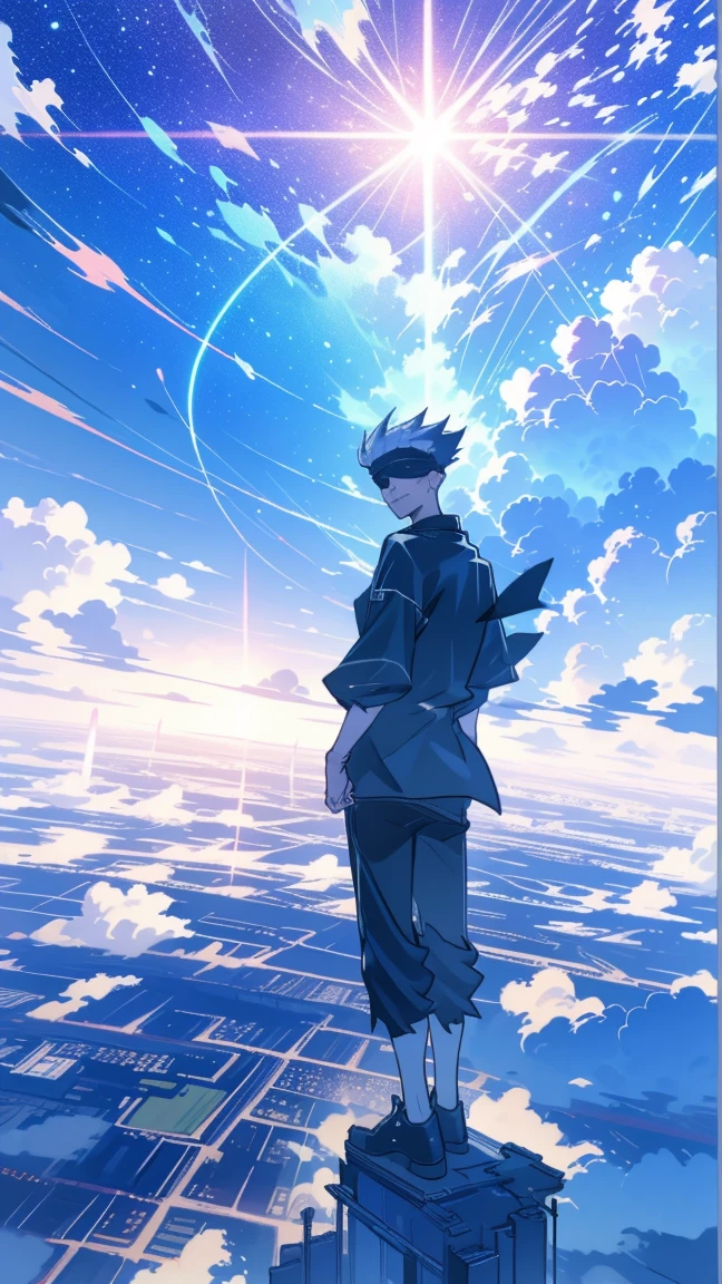 One boy, Full Body Shot, Perfect hands and fingers, Satoru Gojo, Blindfold, Black clothes, Gray Hair, Look at the sky, Grin, Red and blue moon city night background, wallpaper, Cinematic,High resolution8k, Bright lighting, Lens flare, Sharpness, masterpiece, Highest quality, 超High resolution, High resolution, Extremely detailed CG, Anime Style, Film Portrait Photography,masterpiece,Hyper Detail