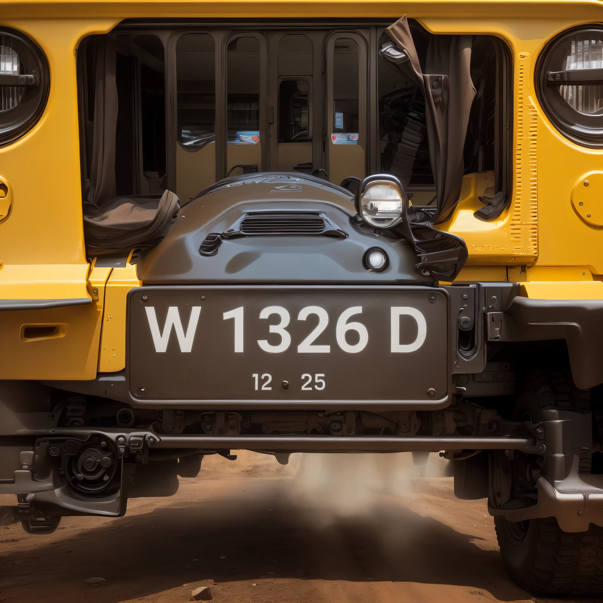 there is a yellow jeep with a license plate W 1326 D on it, full plate, 1128x191 resolution, jeep in background, jeep, 5d mk2, jeep wrangler, masterpiece w 1024, high definition detail, 16k 3d, beginner, ultra definition, mahindra thar, vertical orientation w 832, vehicle photography