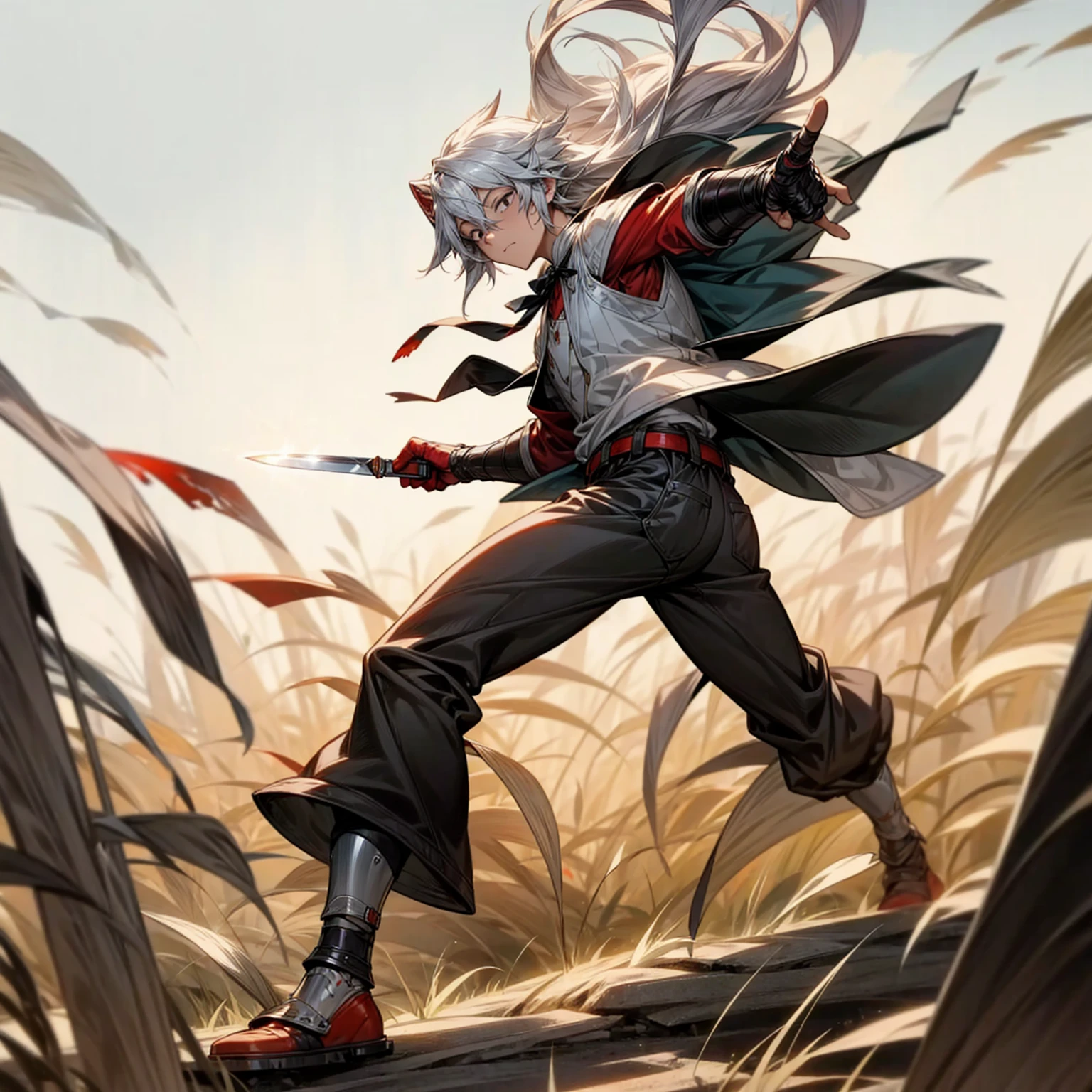 1boy, Full body version, 1character, black eyes color, milk skin, long hairstyle, monolod eyes type, silver colour hair, muscle, Farmer villager clothing style, red color clothing, black pants, white scraf, Ancient roman boots, vest armors, knife in two hand, Grassroots background in field villager, motion blur, battle gesture, lighting morning, sunlight, smoke, plasma, bloody background, fire, lighting knife 