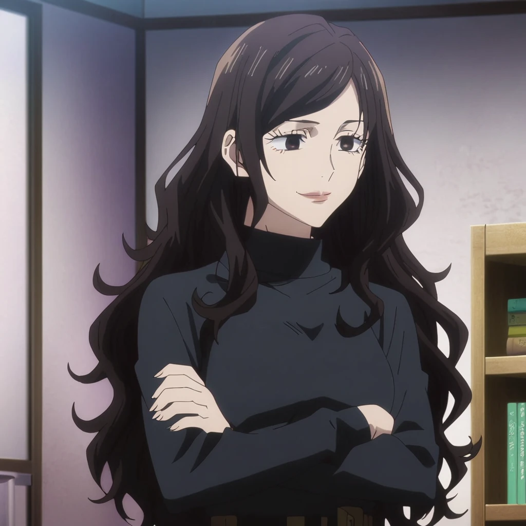 1girl, anime screencap from jujutsu kaisen, solo, very long_hair, ((smooth texture hair)) purple eyes, ((length_hair, black_hair, very_length_hair,wavy hair, black_eye)), breasts, upper_body, smile, indoors, book, black_eyes, lips, (( length_hair, black_hair, very_length_hair,wavy hair, black_eye)) wearing black color sweater, breast, "very detailed and high resolution" (black eyes) ((cross arms))  ((smooth texture hair)) ((solo)) ((high resolution)) (Good quality) 