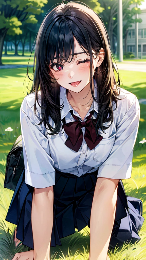 (masterpiece:1.2, top-quality), (realistic, photorealistic:1.4), beautiful illustration, (natural side lighting, movie lighting), 
looking at viewer, (extreme close-up, from side), 1 girl, japanese, high school girl, perfect face, (perfect anatomy), cute and symmetrical face, shiny skin, 
(middle hair, straight hair, black hair), asymmetrical bangs, dark red eyes, long eye lasher, (medium breasts, seductive thighs, big ass), 
beautiful hair, beautiful face, beautiful detailed eyes, beautiful clavicle, beautiful body, beautiful chest, beautiful thigh, beautiful legs, 
((insanely detailed clothes, white collared shirt, navy pleated skirt, dark red bow tie)), navy sIn a grassy meadow, a girl is on all fours, and a large dog is holding her from behind, holding her back, and mating with her in the doggy position.
Her face is bright red and flushed, her eyes are closed, her mouth is open and she cries out.chool bag, 
(beautiful scenery), depth of field, evening, (school yard), walking, leaning forward, clenched hand, (smile, open mouth),