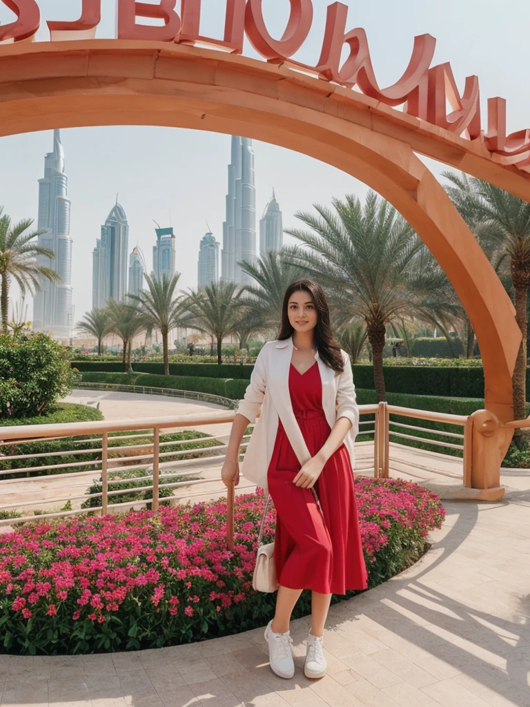 her name is Amelie, high quality, 1girl, ((20-year-old fit Caucasian woman)), ((20 years old)), ((fit)), ((Half-Up Bun dark hair)), pose: Generation-Z poses, wearing stylish fashionable Generation-Z modern wear colored, BACKGROUND: At the Dubai Miracle Garden, with elaborate floral displays, themed gardens, and views of the Dubai skyline.