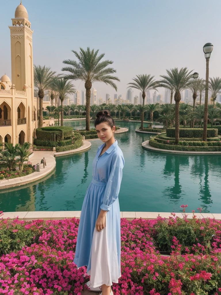 her name is Amelie, high quality, 1girl, ((20-year-old fit Caucasian woman)), ((20 years old)), ((fit)), ((Half-Up Bun dark hair)), pose: Generation-Z poses, wearing stylish fashionable Generation-Z modern wear colored, BACKGROUND: At the Dubai Miracle Garden, with elaborate floral displays, themed gardens, and views of the Dubai skyline.