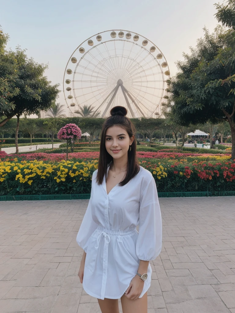 her name is Amelie, high quality, 1girl, ((20-year-old fit Caucasian woman)), ((20 years old)), ((fit)), ((Half-Up Bun dark hair)), pose: Generation-Z poses, wearing stylish fashionable Generation-Z modern wear colored, BACKGROUND: At the Dubai Miracle Garden, with elaborate floral displays, themed gardens, and views of the Dubai skyline.