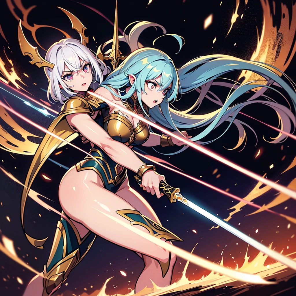 Yvraine, Graceful and fearsome Aeldari warriors, Wearing a robe decorated with runes, Wields the sword Ka-Vil, Wrapped in a shining, fantastical aura. On her side, Visak, A giant warrior in Selemite armor, Brandishing the cruel sword Asval, In defensive and combat positions. The stage is the battlefield of the future, There was debris and dark and bright flashes of energy all around.. Images must be highly detailed in 4K resolution, Exquisite and mature cartoon art style, High resolution, Highest quality, High resolution, Super detailed, Ultra-fine painting, Very delicate, Professional, Anatomically correct, Symmetrical face, Highly detailed eyes and face, High quality eyes, creativity, RAW Photos, 超High resolution, 8K, Natural light, Cinema Lighting, masterpiece-anatomy-perfect, masterpiece:1.5