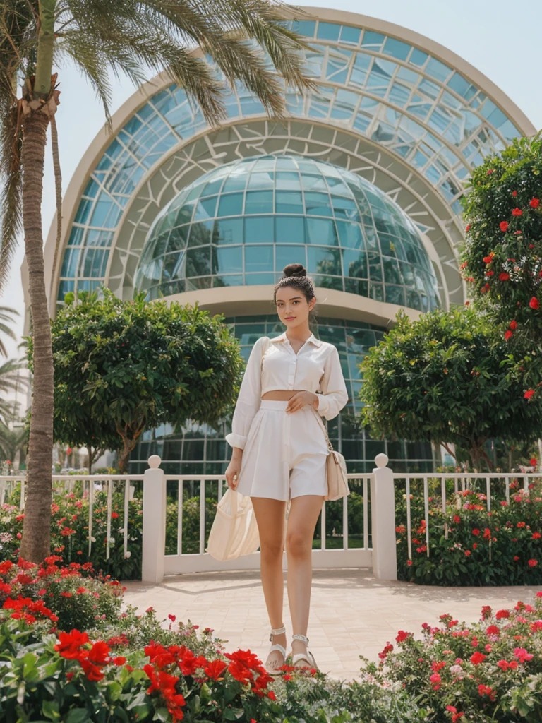 her name is Amelie, high quality, 1girl, ((20-year-old fit Caucasian woman)), ((20 years old)), ((fit)), ((Half-Up Bun dark hair)), pose: Generation-Z poses, wearing stylish fashionable Generation-Z modern wear colored, BACKGROUND: At the Dubai Miracle Garden, with elaborate floral displays, themed gardens, and views of the Dubai skyline.