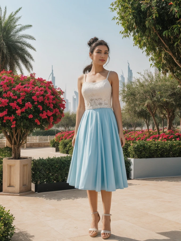 her name is Amelie, high quality, 1girl, ((20-year-old fit Caucasian woman)), ((20 years old)), ((fit)), ((Half-Up Bun dark hair)), pose: Generation-Z poses, wearing stylish fashionable Generation-Z modern wear colored, BACKGROUND: At the Dubai Miracle Garden, with elaborate floral displays, themed gardens, and views of the Dubai skyline.