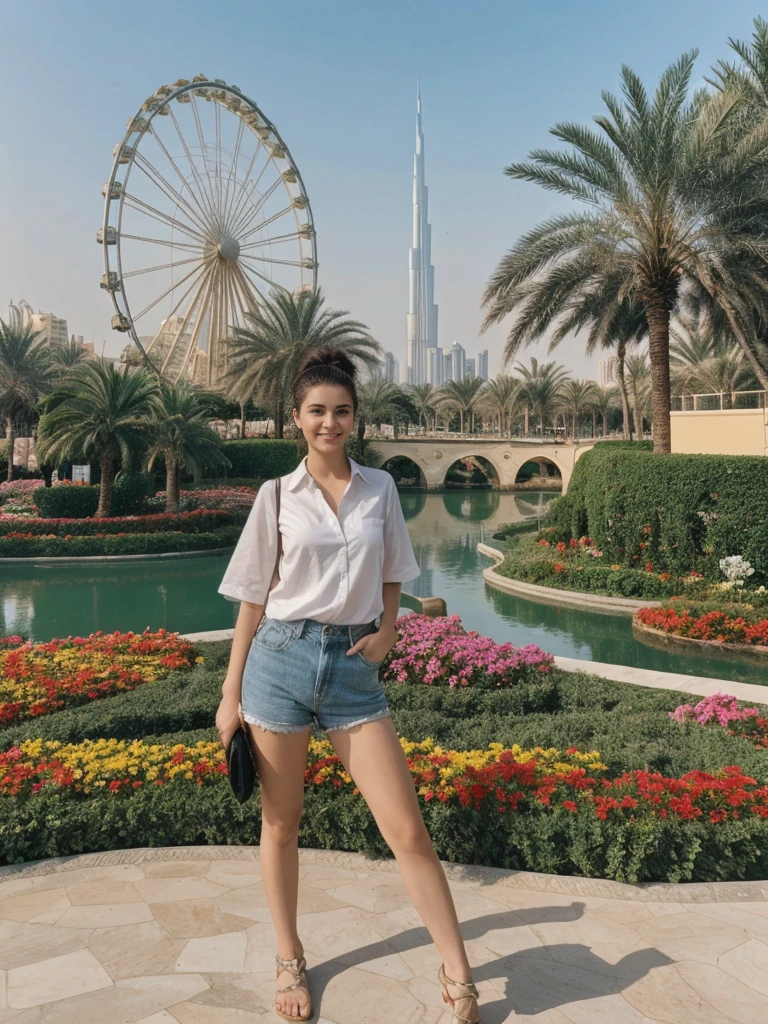 her name is Amelie, high quality, 1girl, ((20-year-old fit Caucasian woman)), ((20 years old)), ((fit)), ((Half-Up Bun dark hair)), pose: Generation-Z poses, wearing stylish fashionable Generation-Z modern wear colored, BACKGROUND: At the Dubai Miracle Garden, with elaborate floral displays, themed gardens, and views of the Dubai skyline.