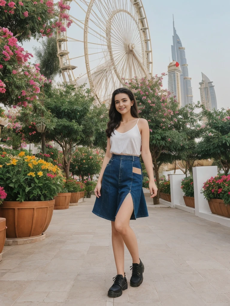 her name is Amelie, high quality, 1girl, ((20-year-old fit Caucasian woman)), ((20 years old)), ((fit)), ((Half-Up Bun dark hair)), pose: Generation-Z poses, wearing stylish fashionable Generation-Z modern wear colored, BACKGROUND: At the Dubai Miracle Garden, with elaborate floral displays, themed gardens, and views of the Dubai skyline.