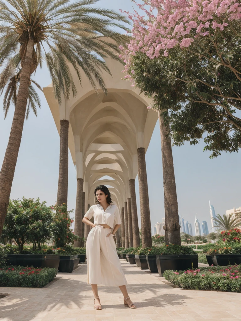 her name is Amelie, high quality, 1girl, ((20-year-old fit Caucasian woman)), ((20 years old)), ((fit)), ((Half-Up Bun dark hair)), pose: Generation-Z poses, wearing stylish fashionable Generation-Z modern wear colored, BACKGROUND: At the Dubai Miracle Garden, with elaborate floral displays, themed gardens, and views of the Dubai skyline.