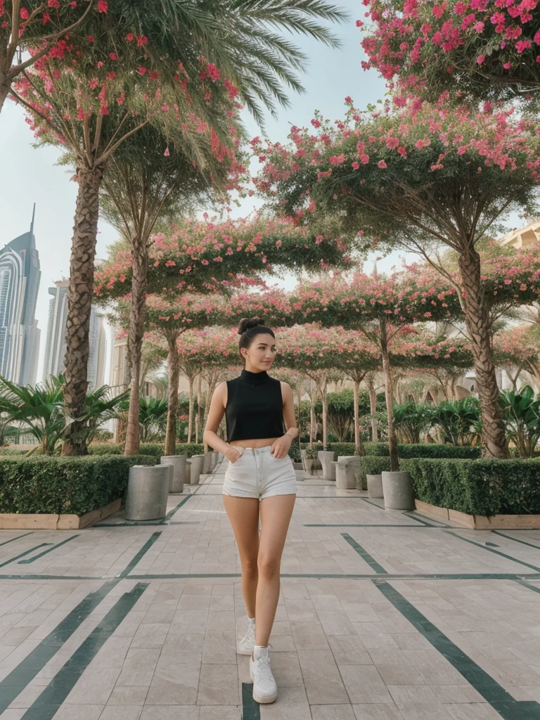 her name is Amelie, high quality, 1girl, ((20-year-old fit Caucasian woman)), ((20 years old)), ((fit)), ((Half-Up Bun dark hair)), pose: Generation-Z poses, wearing stylish fashionable Generation-Z modern wear colored, BACKGROUND: At the Dubai Miracle Garden, with elaborate floral displays, themed gardens, and views of the Dubai skyline.