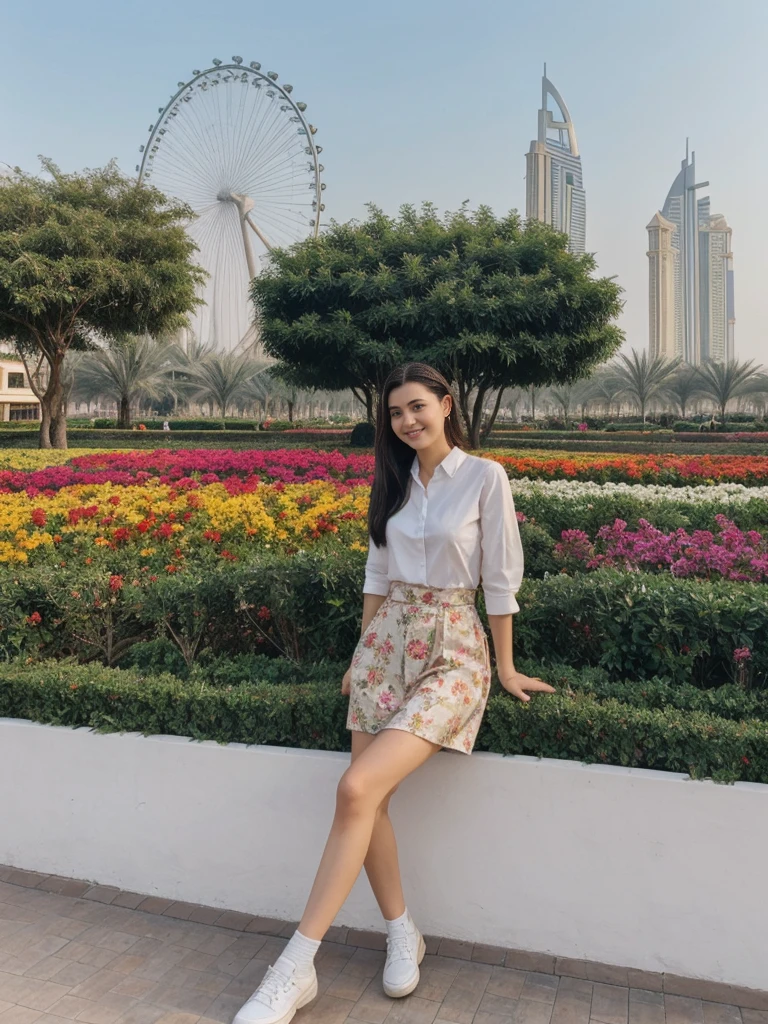 her name is Amelie, high quality, 1girl, ((20-year-old fit Caucasian woman)), ((20 years old)), ((fit)), ((Half-Up Bun dark hair)), pose: Generation-Z poses, wearing stylish fashionable Generation-Z modern wear colored, BACKGROUND: At the Dubai Miracle Garden, with elaborate floral displays, themed gardens, and views of the Dubai skyline.