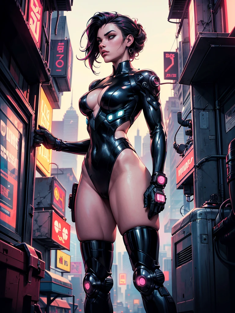 (highest quality:1.2, Very detailed, Latest, Vibrant, Super Detail, High Contrast, masterpiece:1.2, highest quality, Best aesthetics), cyberpunk suit,cyberpunk design,comic style,excellent body lines,well-equipped attire, amazing feminine silhouette, special operative, vibrant colors, immersive lighting, sultry look, seductive,