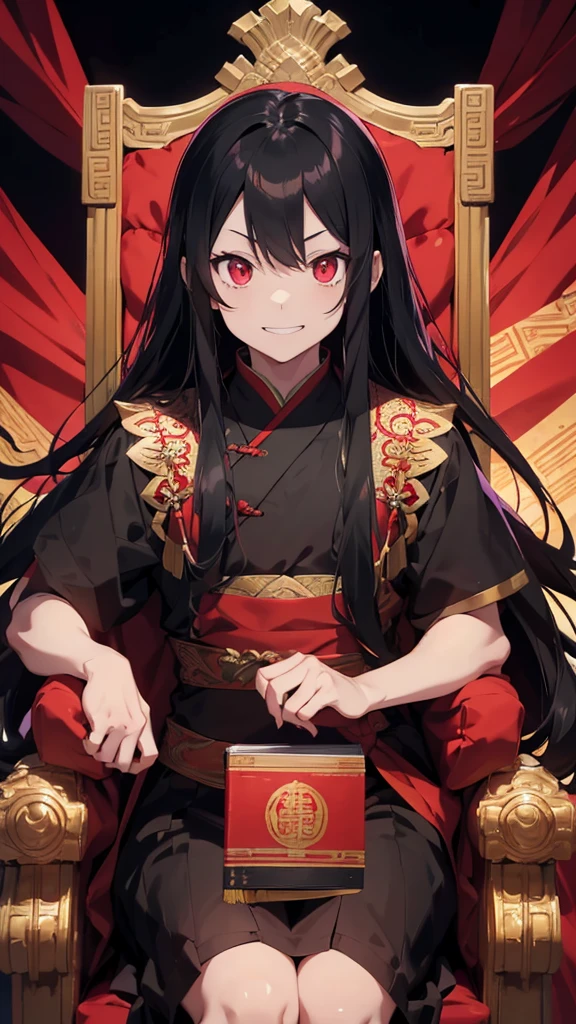 An anime man with long black hair, crimson red eyes, wearing black ancient Chinese clothes, sitting on a majestic and terrifying throne, a dark, crazy, luxurious image, an anime novel cover, a manga cover, smiling an evil and malicious smile, and he looks eight years old.